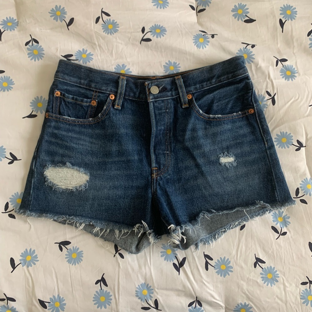 Levi’s 501 dark wash distressed button fly denim shorts